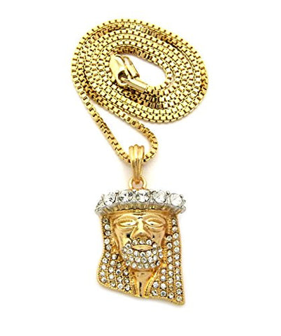Two-Tone Stone Crown Pave Jesus Pendant 2mm 30" Box Chain Necklace