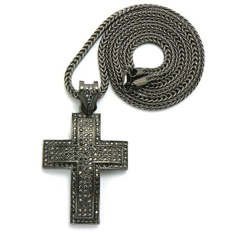 Thick Carved Hematite Tone Iced Out Cross Pendant w/ 4mm 36" Franco Chain