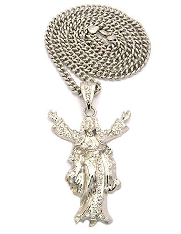 Pave Holy Jesus Pendant with 36" Cuban Link Chain Necklace in Silver-Tone CP149R
