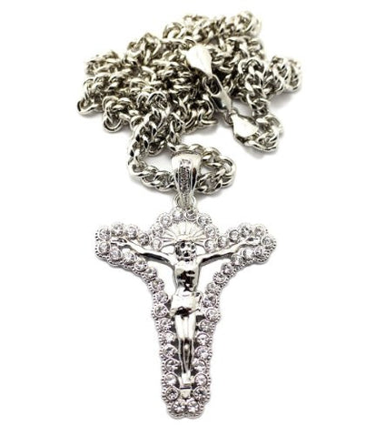 Crucified Jesus Pendant in Silver Tone w/ 36" Miami Cuban Chain CP83R