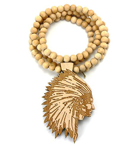Native American Chief Wood Pendant 36" Wooden Bead Chain Necklace in Natural-Tone WX15NL