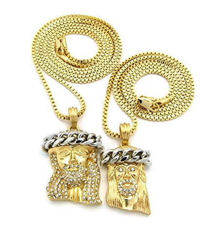Iced Out Crown Jesus Pendant 24" 30" Box Chain Necklace Set in Gold/Silver-Tone RC558TT