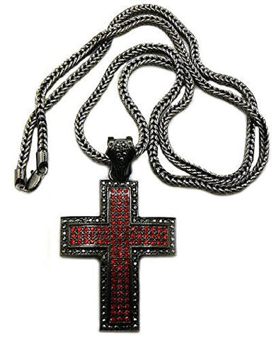 Thick Carved Hematite/Red Tone Iced Out Cross Pendant w/ 4mm 36" Franco Chain
