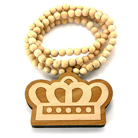 Crown Wood Pendant 8mm 36" Wooden Bead Chain Necklace in Natural-Tone-Tone