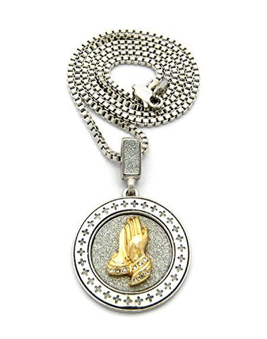 Cross Frame Stone Stud Praying Hands Medal Pendant 2.5mm 24" Box Chain Necklace in Silver-Tone