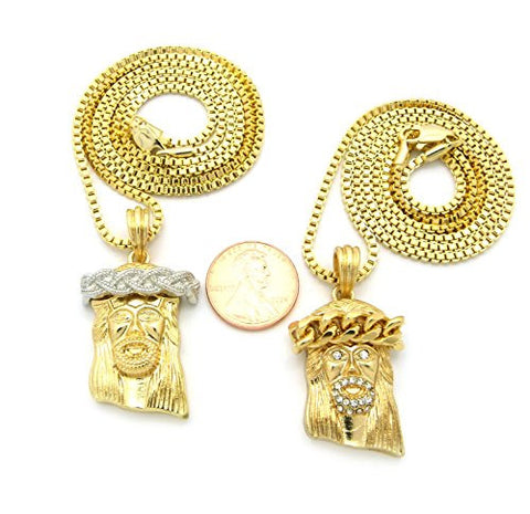 Crown of Throns Jesus Micro Pendant Box Chain Necklace Set - Plain Two-Tone/Pave Gold-Tone RC467G
