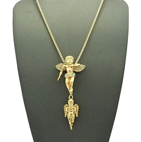 Wing Studded Flying & Praying Angel Pendant Vertical Link 2mm Box Chain Necklace in Gold-Tone