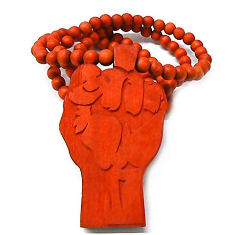 Raising Fist Wood Pendant 8mm 36" Wooden Bead Chain Necklace in Red