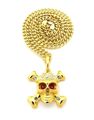 Hazardous Red Eye Skull Pendant with 5mm 24" Cuban Link Chain Necklace - Gold-Tone