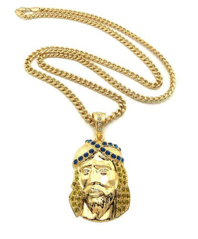 Iced Out Jesus Pendant in Yellow/Blue Gold Tone w/ 36" Cuban Chain CP31GYLBL