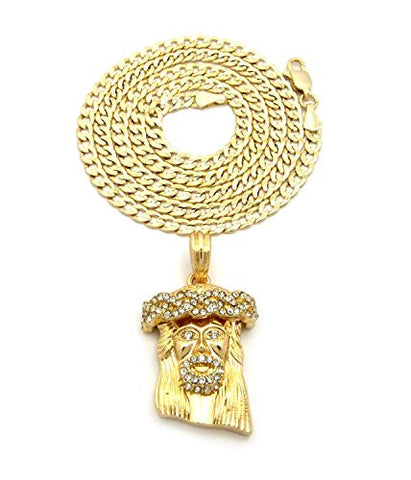 Stone Studded Crown Jesus Pendant 4mm 24" Concave Diamond Cut Cuban Chain Necklace in Gold-Tone