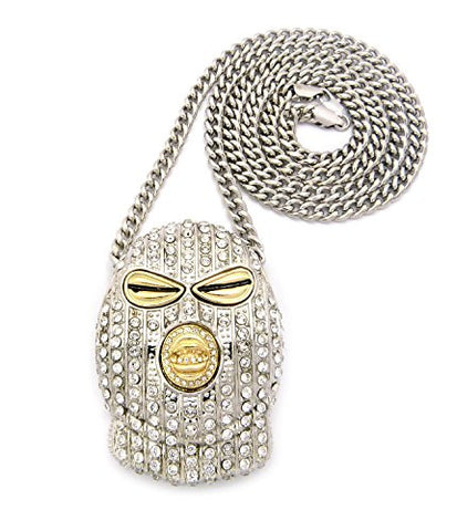 Paved Goon Ski Mask Man Big Size Pendant w/ 36" Cuban Chain - Silver Tone CP139R