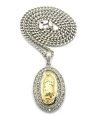 Pave Two-Tone St. Mary Oval Medal Necklace with 5mm 24" Cuban Link Chain