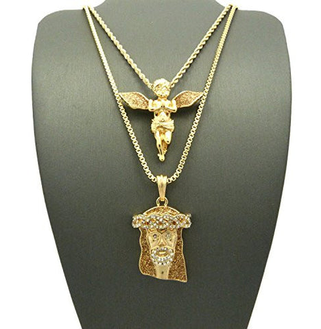 Praying Fairy Angel & Pave Jesus Glimmer Micro Pendant Set 24" 30" Rope/Box Chains in Gold-Tone