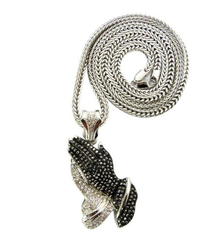 Clear/Hematite Silver Tone Praying Hands Pendant w/ 36" Franco Chain MP404RHE