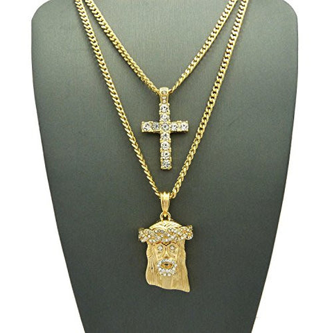 Stone Stud Single Row Cross & Micro Jesus Face Pendant Set 3mm Concave Cuban Chains in Gold-Tone