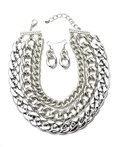 Tri-Link Chain Choker Necklace with Earrings in Silver-Tone ICN1008R