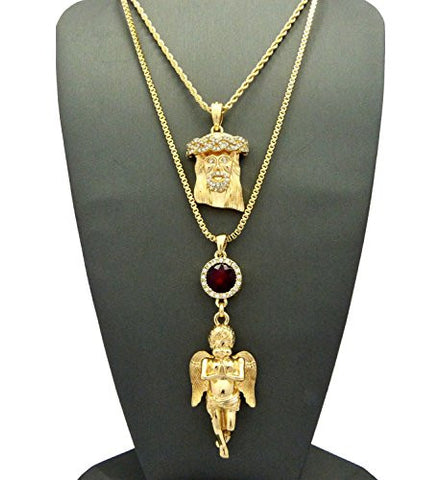 Jesus Face & Praying Angel w/ Faux Ruby Stone Pendant Set w/ 2mm Multi Chain Necklaces in Gold-Tone