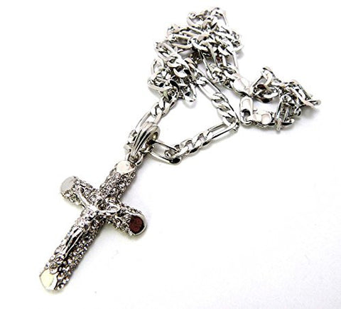 Pave Passion Crucifix Cross Jesus Pendant with 24" Figaro Chain Necklace - Silver-Tone MSP158R