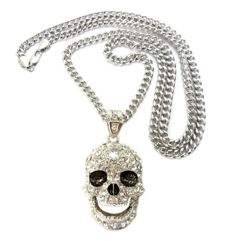 Iced Out Skull Pendant in Silver Tone w/ 6mm 36" Cuban Chain CP15R