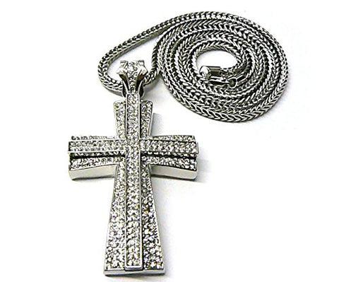 Iced Out Two Stack Pattee Cross Pendant 36" Franco Chain Necklace - Silver-Tone MP667R