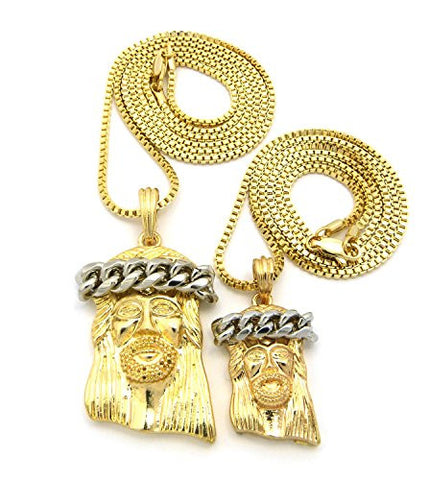 Plain Two Tone Crowned Jesus Pendant 24" 30" Box Chain Necklace Set in Gold-Tone RC545GT