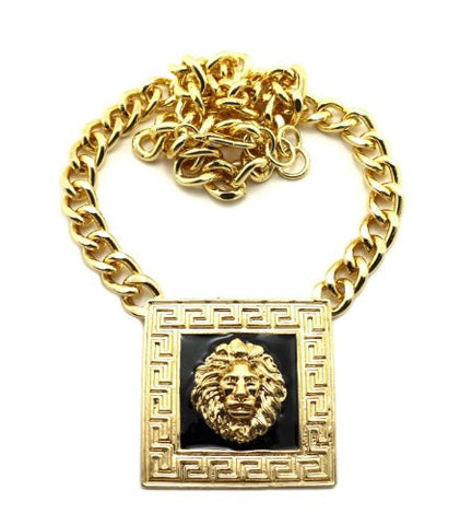 Gold Tone Black Accent Lion Head Pendant 10mm 16" Link Chain Necklace NOQ159G