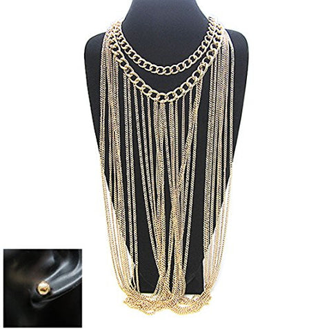 Long Draping Chain 18" Double Link Chain Necklace and Earrings Set in Gold-Tone