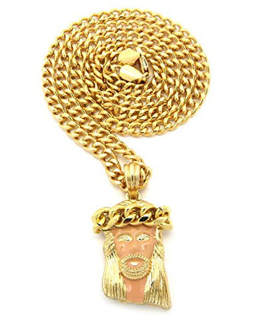 Colored Micro Jesus Pendant with 4mm 24" Cuban Link Chain Necklace - Peach/Gold-Tone