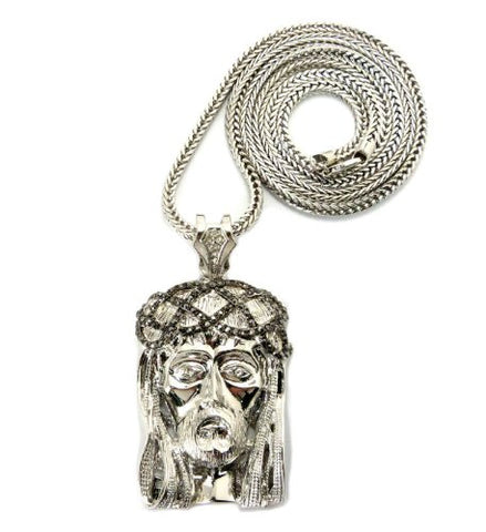 Silver/Hematite Tone Crown of Thorns Jesus Pendant 36" Franco Chain MLP056RHE