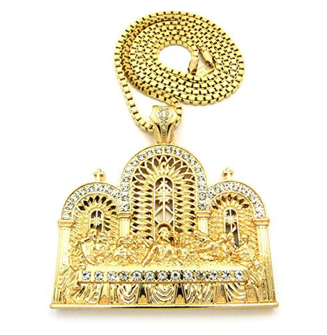 Jesus and 12 Apostles Last Supper Pendant 4mm 36" Box Chain Necklace in Gold-Tone