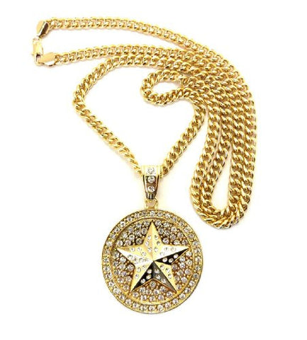 Iced Out Star Circle Pendant in Gold Tone w/ 36" Miami Cuban Chain CP21G