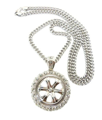 Rhinestone Tire Rim Pendant in Silver Tone w/ 36" Miami Cuban Chain CP58R