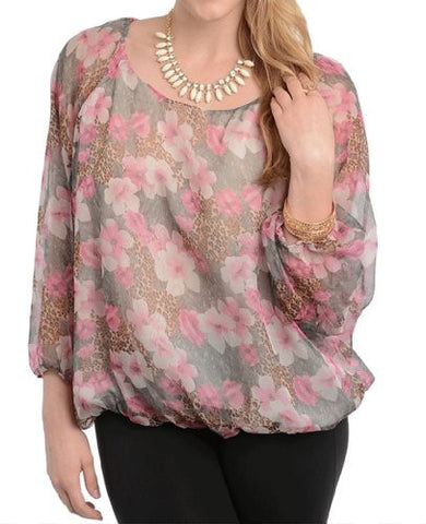 NYfashion101 Soft Sheer Flower & Animal Print Top Plus Sizes CN150221