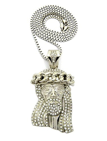 Cuban Crown Stone Stud Jesus Head Pendant 3mm 30" Box Chain Necklace in Silver-Tone