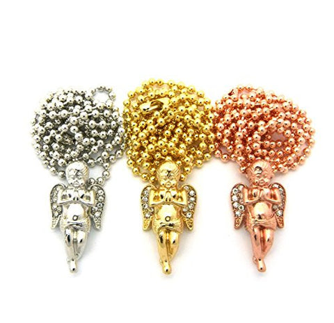 3 Pave Praying Angel Micro Pendant Necklace Set with 24" Ball Chains