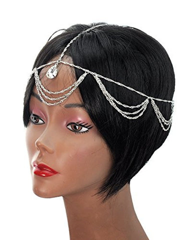 Dangling Single Teardrop Rhinestone Draping Chandelier Head Chain Jewelry in Silver-Tone