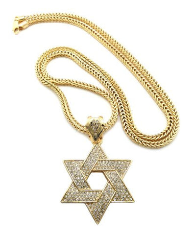 New Iced Out Star of David Gold Tone Pendant w/ 4mm 36" Franco Chain Necklace XP306G