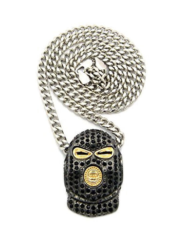 Iced Out Goon Ski Mask Man Pendant with 5mm 24" Cuban Link Chain - Black/Silver-Tone