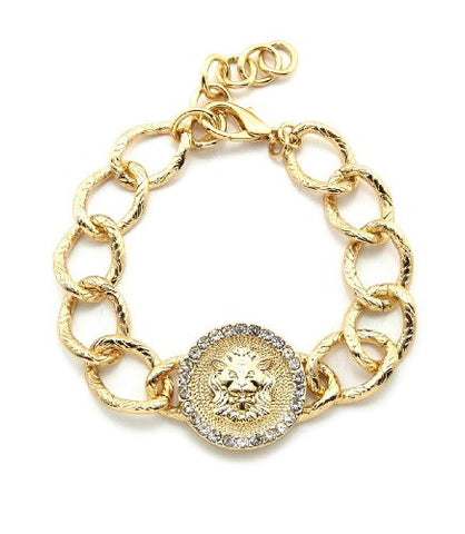 Pave Edge Lion Head Medal Charm Chain Bracelet in Gold-Tone HYBR-4G
