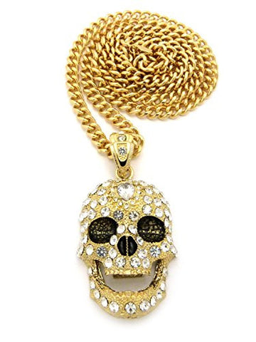 Pave Smiling Skull Pendant with 6mm 36" Cuban Link Chain - Gold-Tone