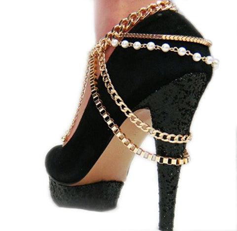 Glamorous Gold Tone Faux Pearl Multiple Links Adjustable Heel Chain IHN1003G