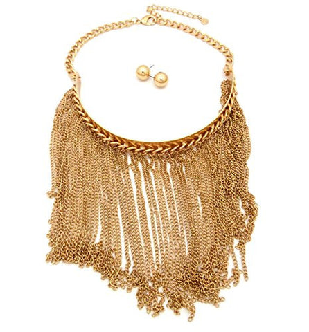 Women's Bohemian Tassel Fringe Choker Necklace and Ball Earrings Set in Gold-Tone