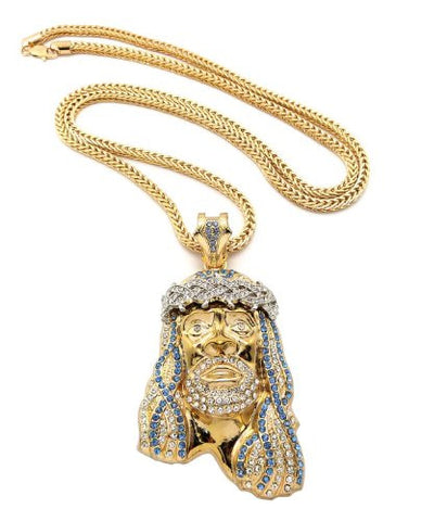 Crown of Thorns Jesus Paved Pendant 36" Franco Chain Necklace - Blue/Clear Gold-Tone MP449G-BLCR
