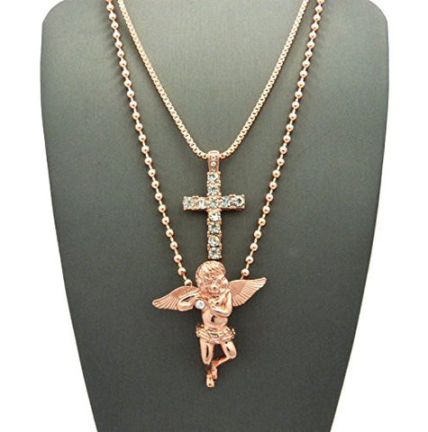 Stone Stud Single Row Cross & Solitaire Angel Pendant Set Multi Chain Necklaces in Rose Gold-Tone