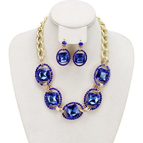 Encircled Radiant Cut Royal Blue Stone Necklace and Earrings Jewelry Set in Gold-Tone