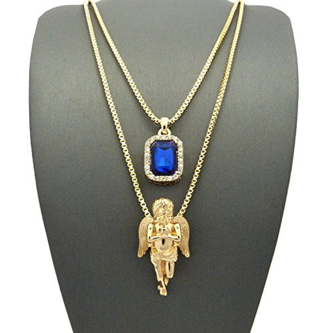 Pave Blue Stone & Solid Praying Angel Pendant Set 2mm 24" & 30" Box Chain Necklace in Gold-Tone