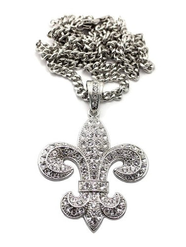 Paved Fleur De Lis Pendant in Silver Tone w/ 36" Miami Cuban Chain CP95R