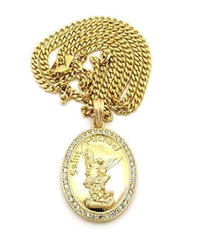 Stone Stud Frame Saint Michael Oval Pendant 3mm 24" Concave Diamond Cut Cuban Chain in Gold-Tone