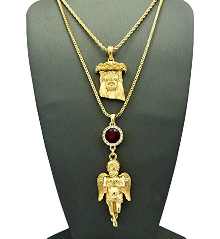 Gold-Tone Jesus Face & Praying Angel w/ Faux Ruby Stone Pendant Set w/ 2mm Multi Chain Necklaces
